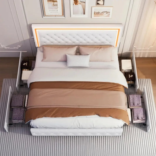 LED Upholstered Bed Frame with 4 Drawers | Adjustable Diamond Headboard • Wooden Slats • No Box Spring needed