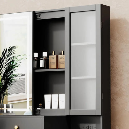 Vanity Desk with Sliding Mirror and LED Lights, Power Outlet & Vanity Stool f