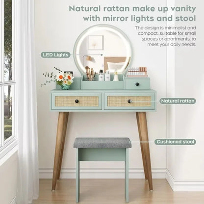 31" Natural Rattan Vanity Desk Set, w/3 Modes, Adjustable ,Lighted Mirror & Cushioned Stool
