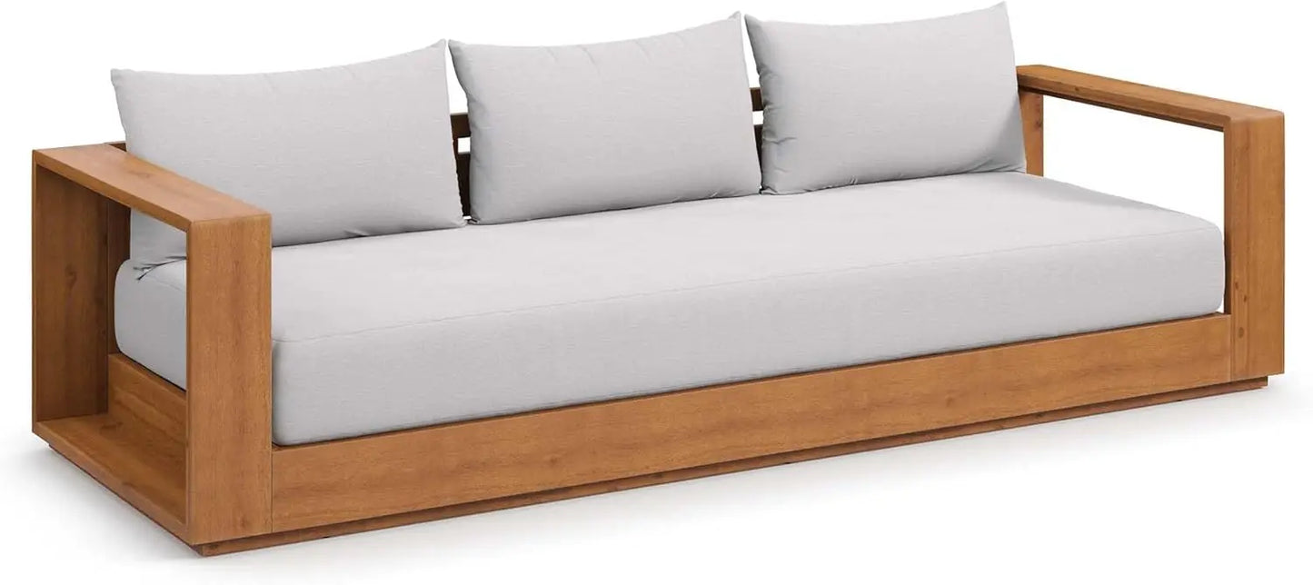 Acacia Wood Outdoor Patio Sofa in Natural Light Gray Weather-Resistant Cushions