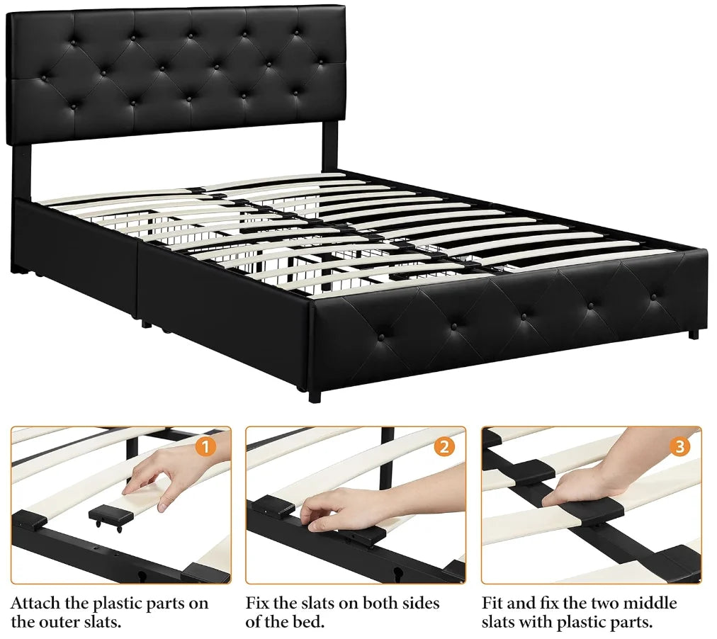 Faux Leather Queen Size Upholstered Bed Frame with 4 Drawers and Adjustable Headboard