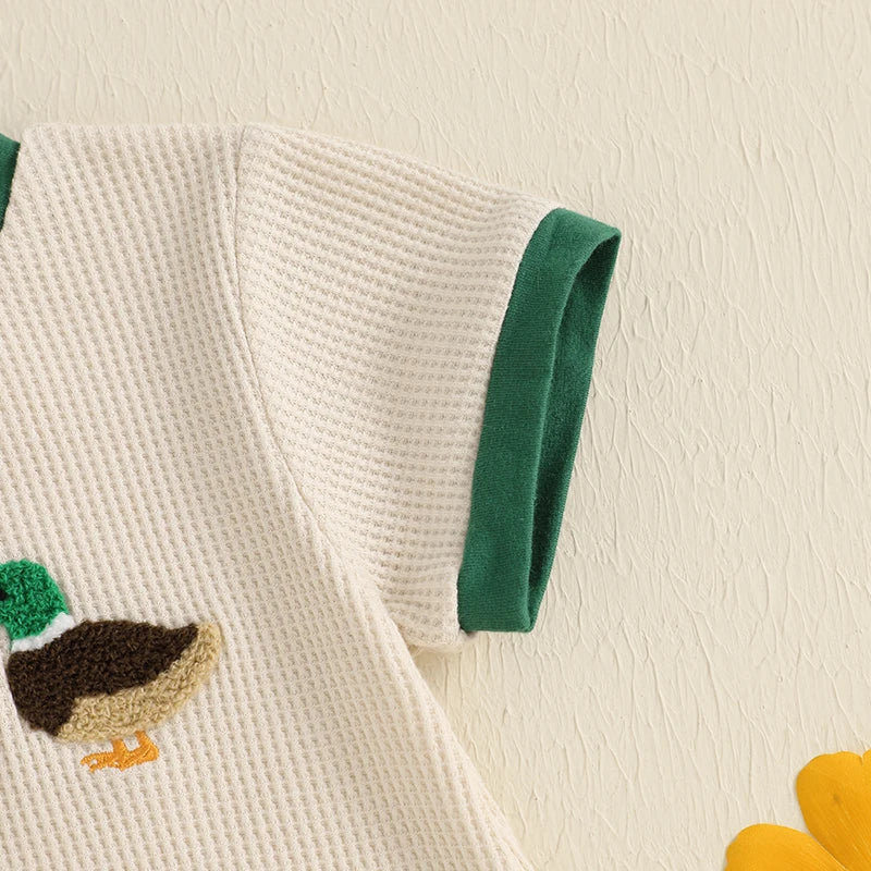 3-18 MO Baby Unisex Romper, Short Sleeve, Crew Neck, Duck Embroidery