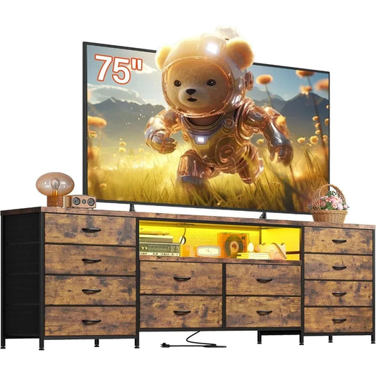 63" W Dresser/TV Stand LED Lights & Power Outlets & 12 Drawers Dresser