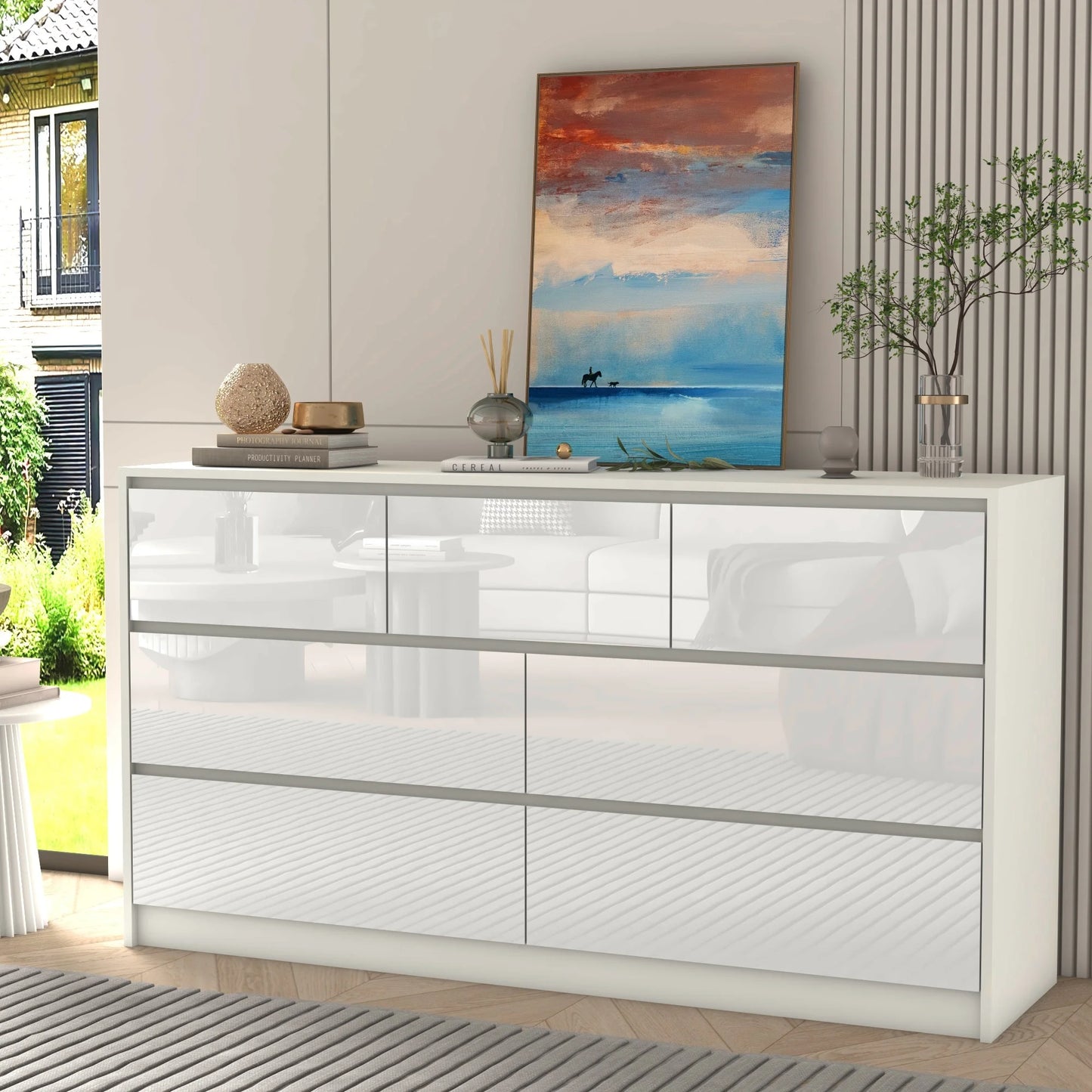7 Drawer 55 Inch Modern Dresser with High Gloss Drawers
