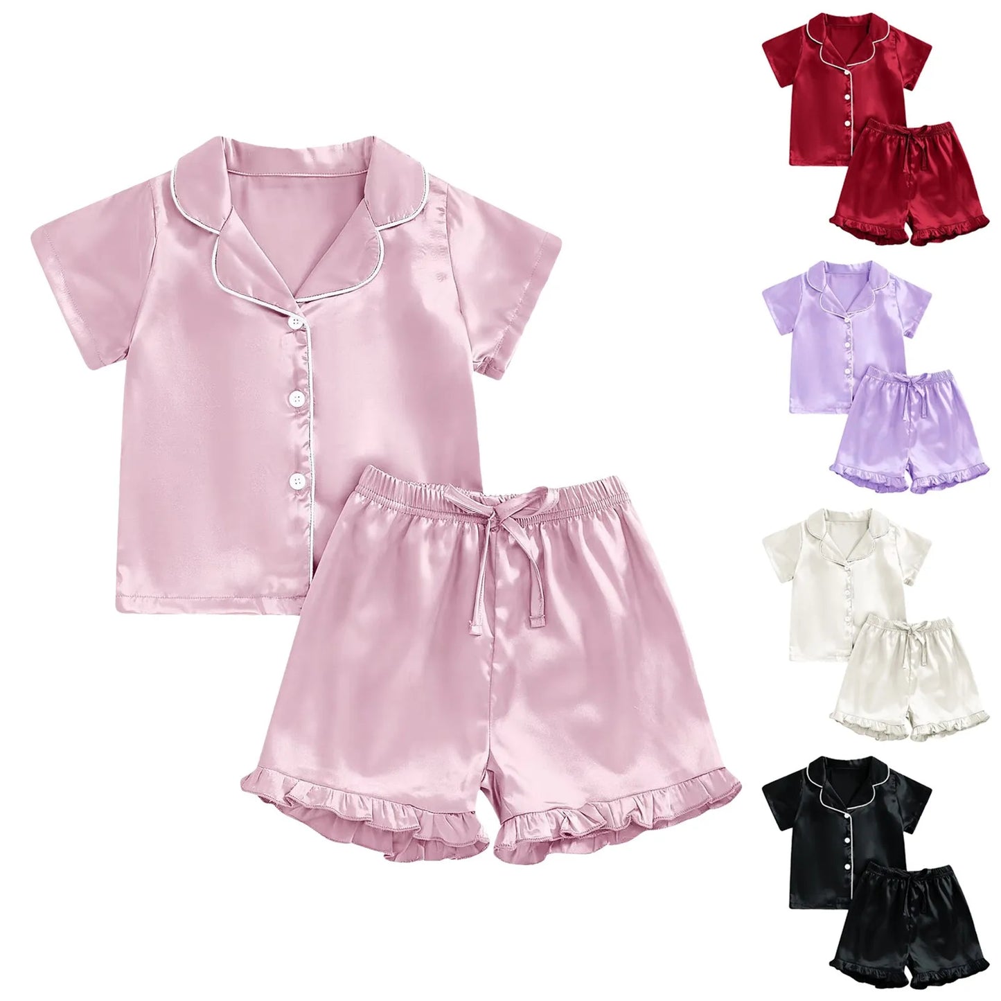 1Y-13Y Silk Pajamas Girl Satin Summer Feather Pajamas Short Sleeve