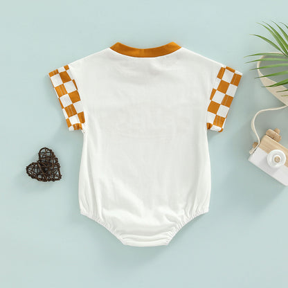 6-18M Infant Boy Romper, Plaid Short Sleeve Round Neck Cartoon Pattern Letter Print