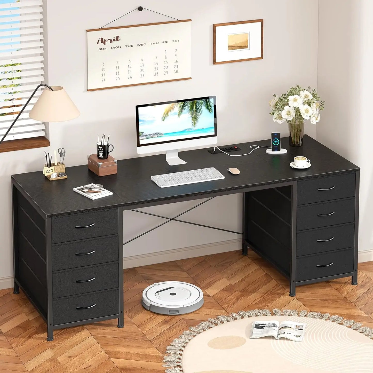 60 Inch Computer Desk with 8 Drawers, Power Outlets