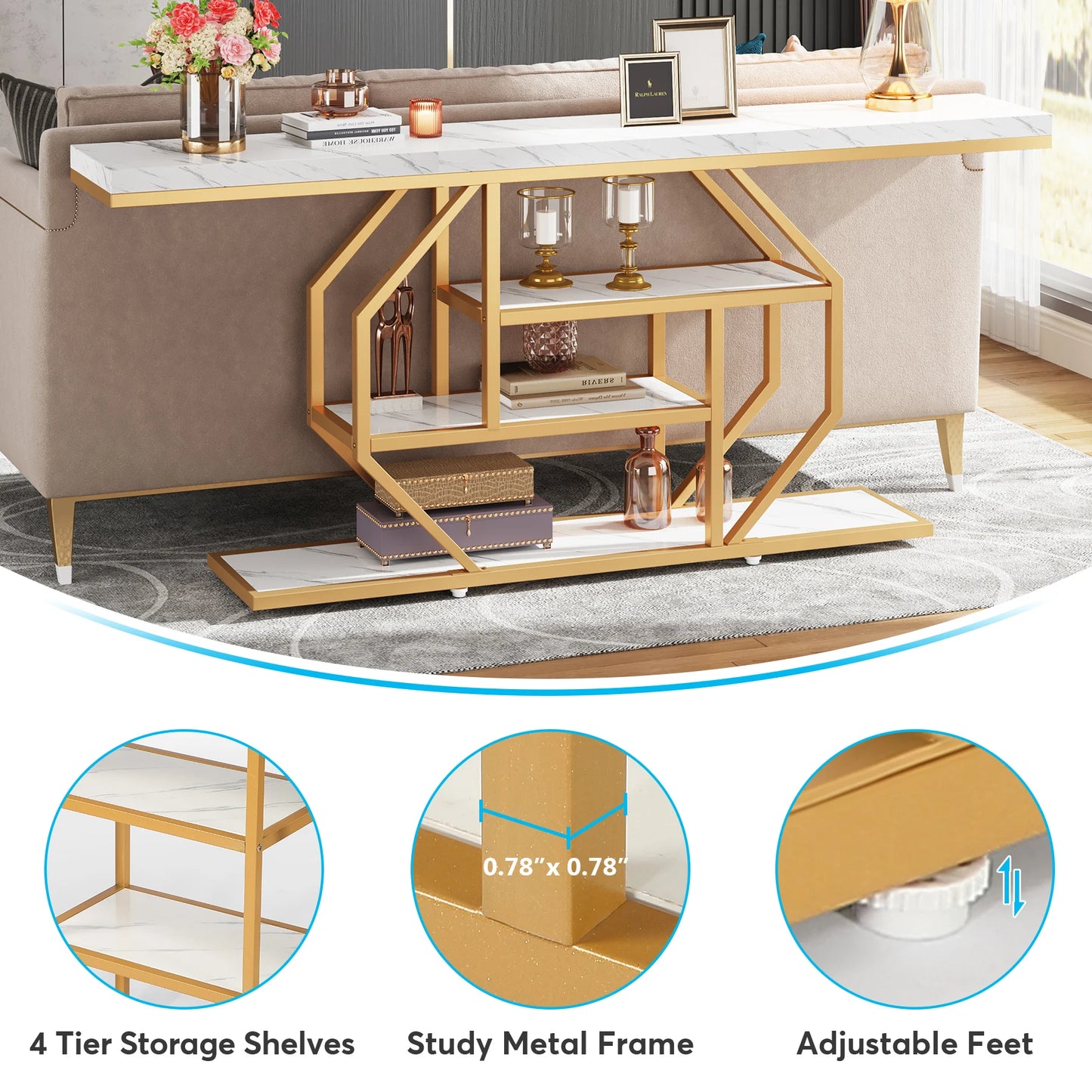 Modern Gold Sofa Table with Storage, 4 Tier