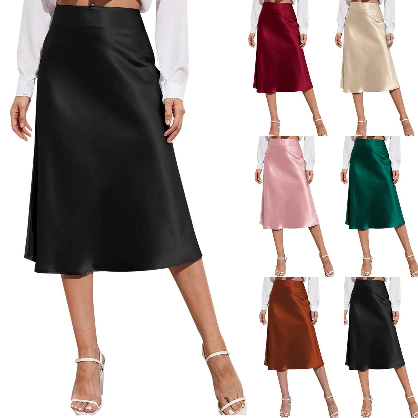 Womens Elegant Satin Skirt, High Waist, Midi Length, Satin Silk, Solid Color Office Work Skirts