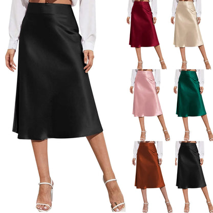 Womens Elegant Satin Skirt, High Waist, Midi Length, Satin Silk, Solid Color Office Work Skirts