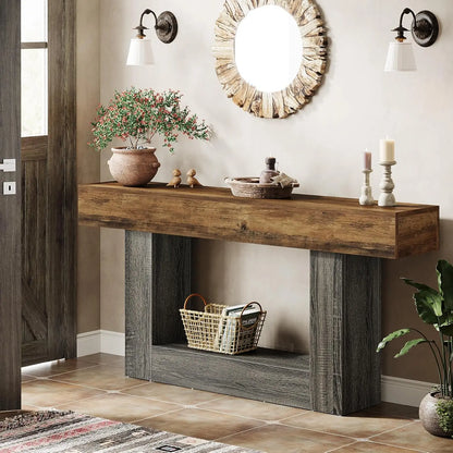 63" 2-Tier Entryway Table with U-Shaped Base, Narrow Long Wood