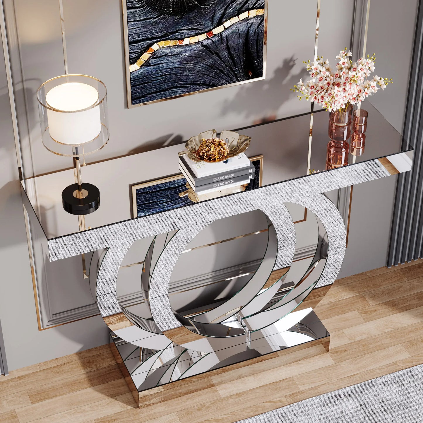 43.3-Inch Mirrored Console Entryway Table with Mirror Finish Tabletop