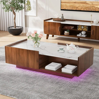 LED Coffee Table, 43" UV High Gloss Table with 2 Drawers & Hidden Storage Compartment & Open Compartments