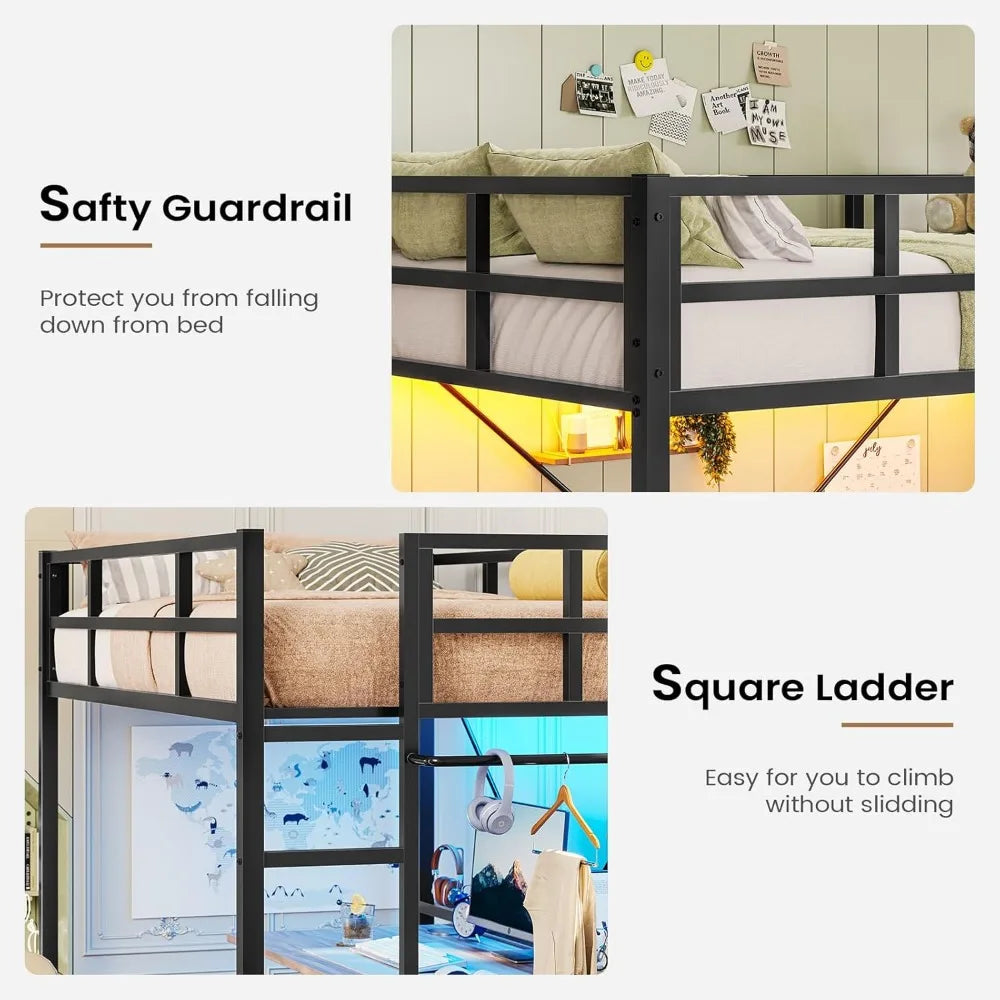 Twin Loft Bed with LED Lights, with Full-Length Guardrail, Clothes Rack