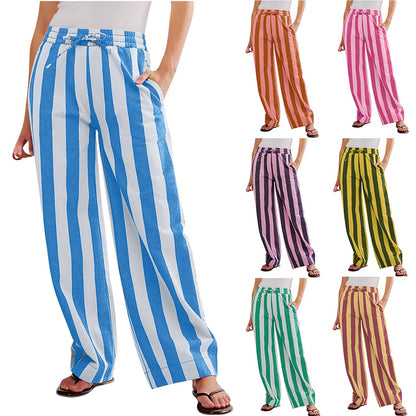 Women Casual Baggy Trousers, Striped Color Blocking, High Waist, Wide Leg, Pockets