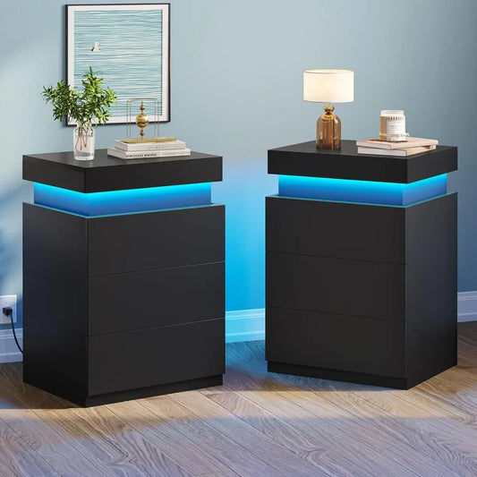 LED, Set of 2,Nightstand with Charging Station and Sliding Top