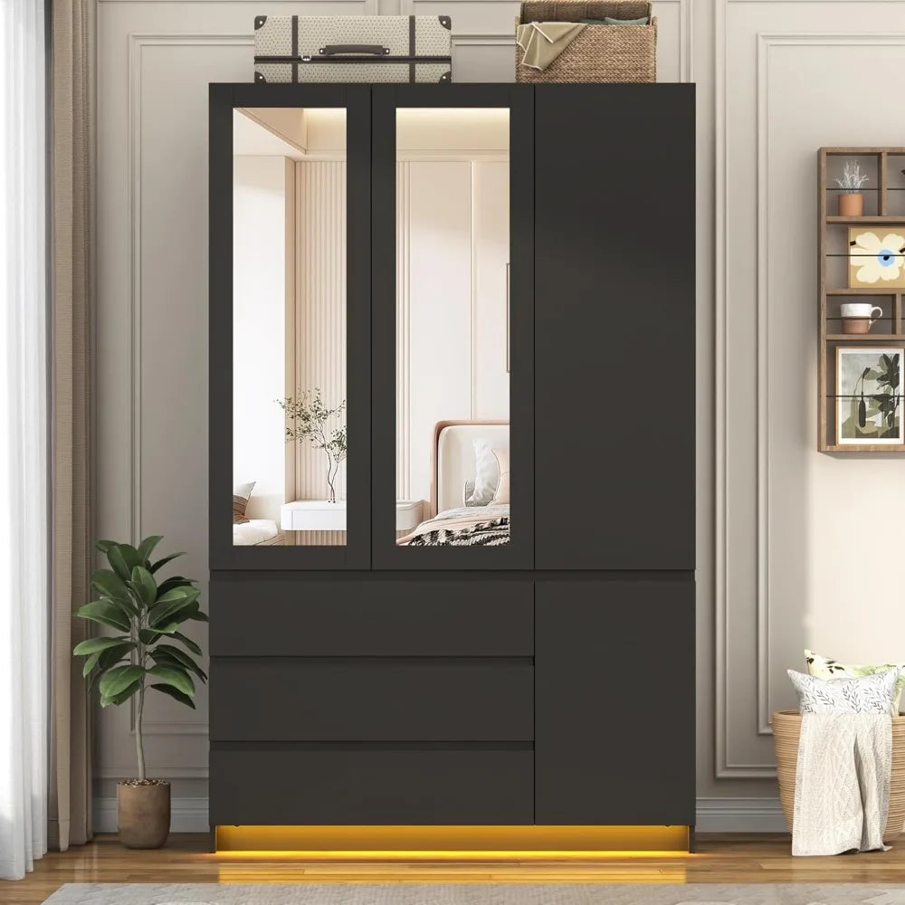 3 Door Armoire Wardrobe with 3 Drawers & Mirror, Hanging Rod, LED Lights