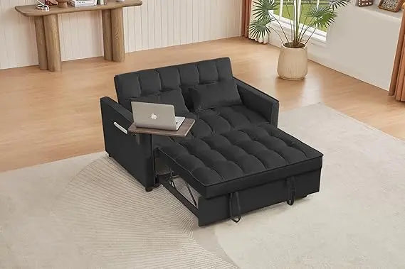 65'' 3-in-1 Queen Size Pullout Sofa, Modern Chenille Fabric, 360° Swivel Side Table