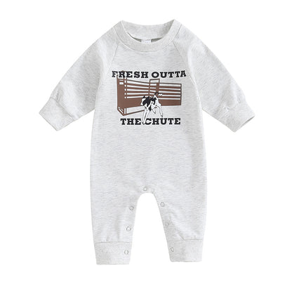 0-12M Newborn Baby Boy Sweatshirt Rompers-Bull Head Letter Print, Long Sleeve Jumpsuit