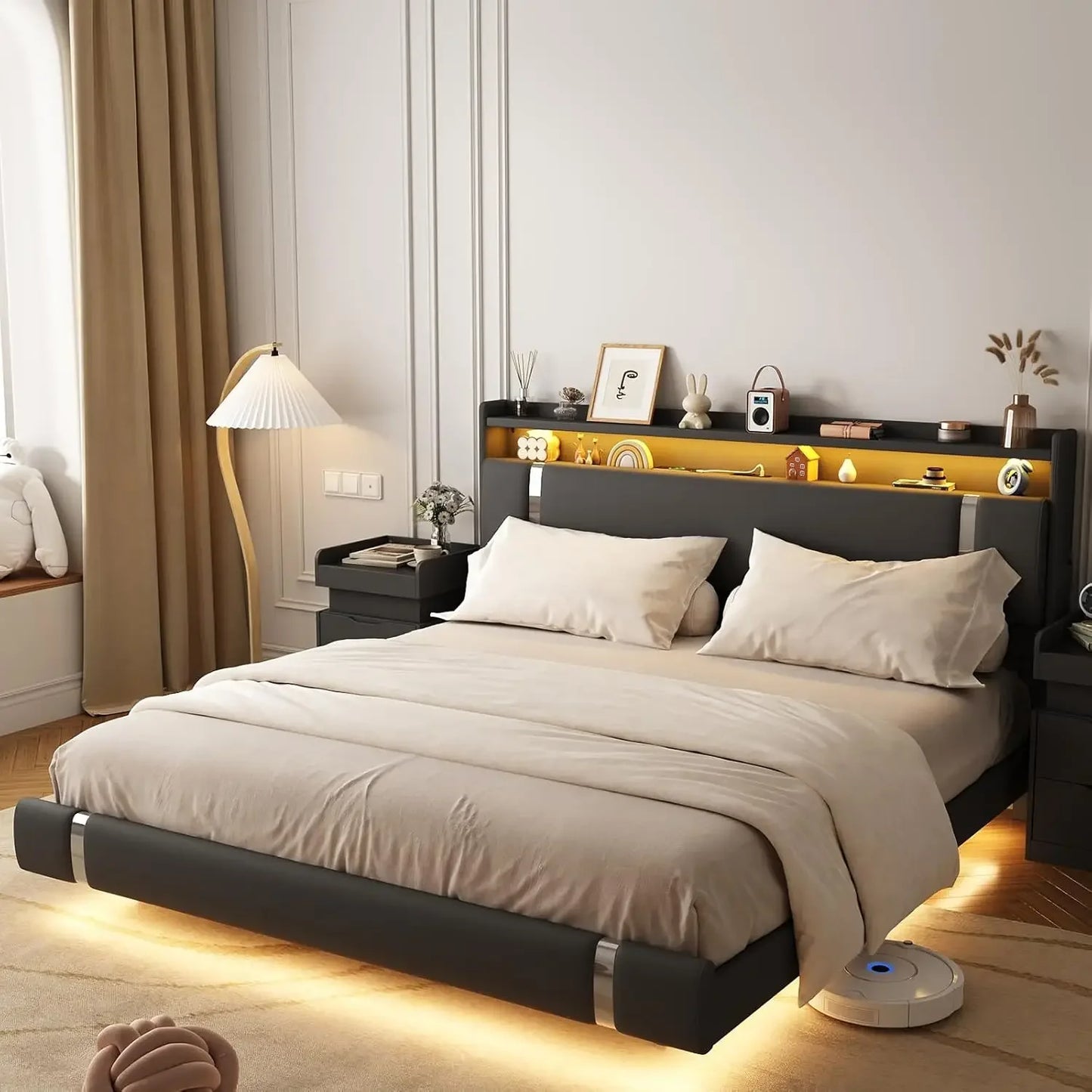 Queen Size White Floating Bed Frame | LED • Charging • Storage, Upholstered Metal • No Box Spring needed