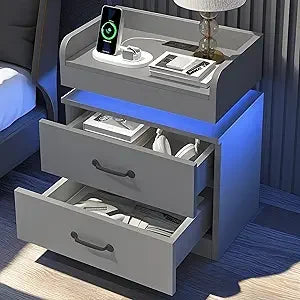 Black Nightstand with Charging Station, LED Lights
