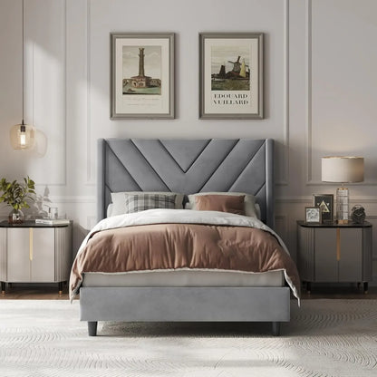Upholstered Platform Bed with Wing Side/Wooden Slat Support/Tufted Headboard