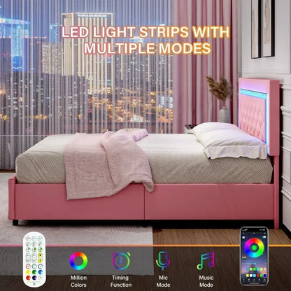 Platform Bed with Diamond Headboard and Footboard with LED, Storage Drawers