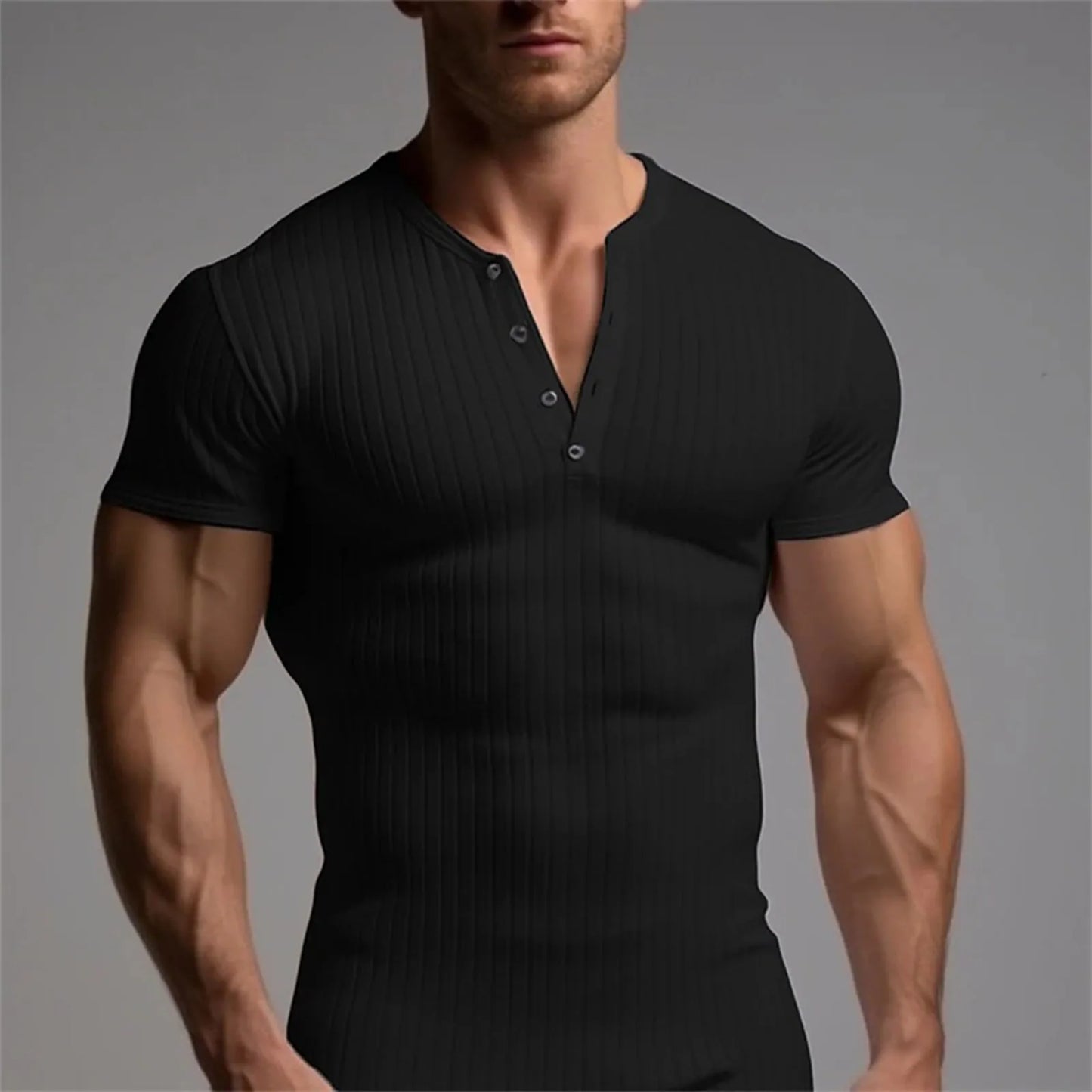 Muscle Slim Fit Short Sleeve T-shirt, V-neck Collar