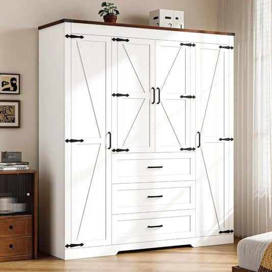 4 Door Armoire with 3 Drawers, Hanging Rod and Adjustable Shelves