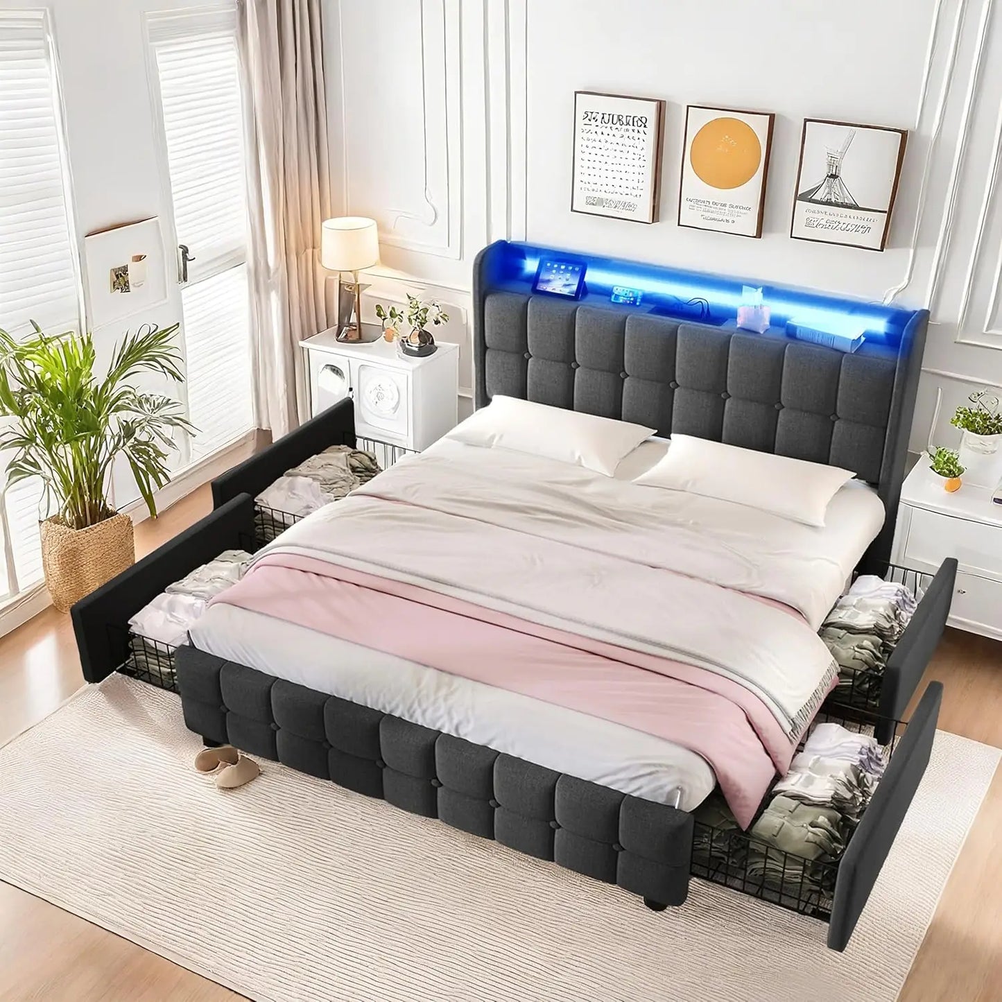 Multiple Color LED Bed Frame with Charging Station, Featuring 2-Tier Headboard, 4 Storage drawers