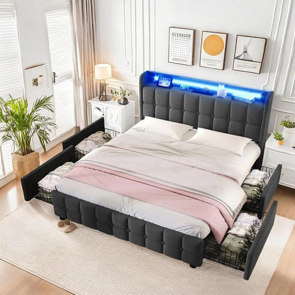 Multiple Color LED Bed Frame with Charging Station, Featuring 2-Tier Headboard, 4 Storage drawers