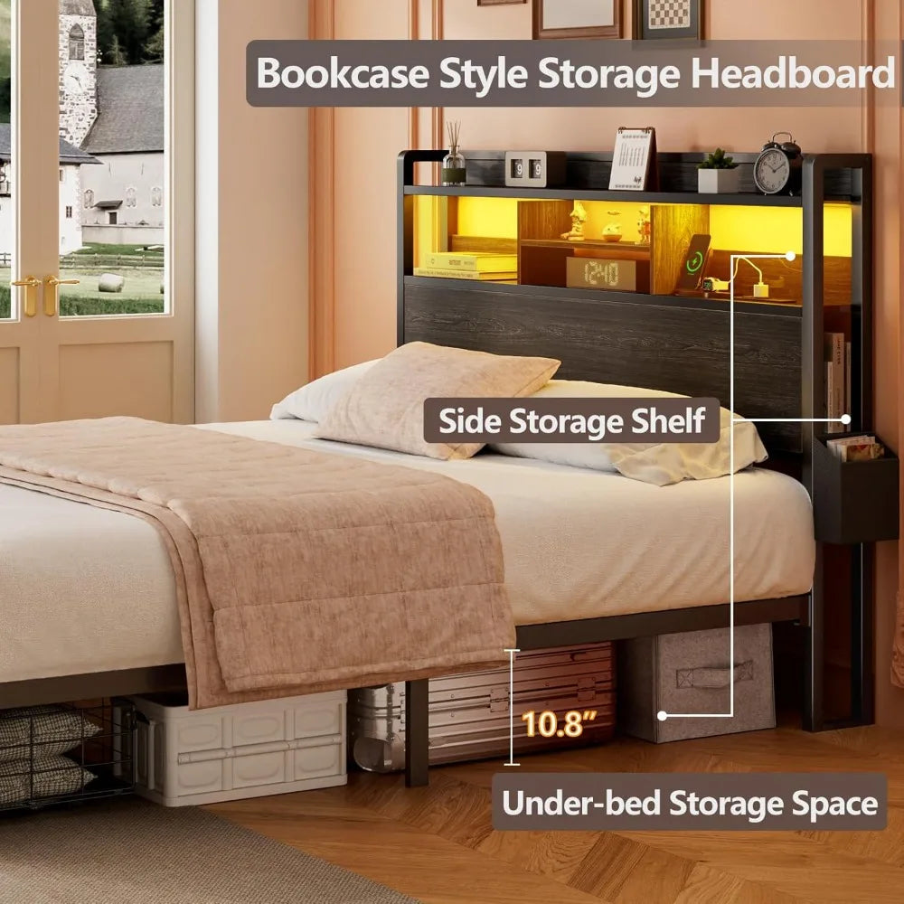 Metal Platform Bed Frame with Storage Drawers and Shelf, LED Lights and Charging Station
