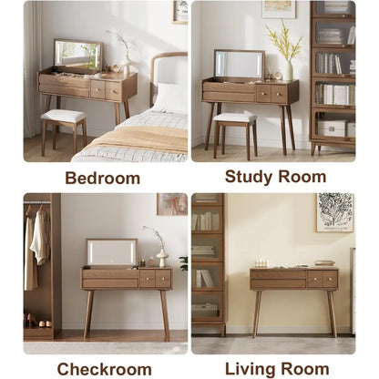Wood Vanity/Desk with Mirror and Lights, Set 4 Drawers
