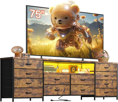 63" W Dresser/TV Stand LED Lights & Power Outlets & 12 Drawers Dresser