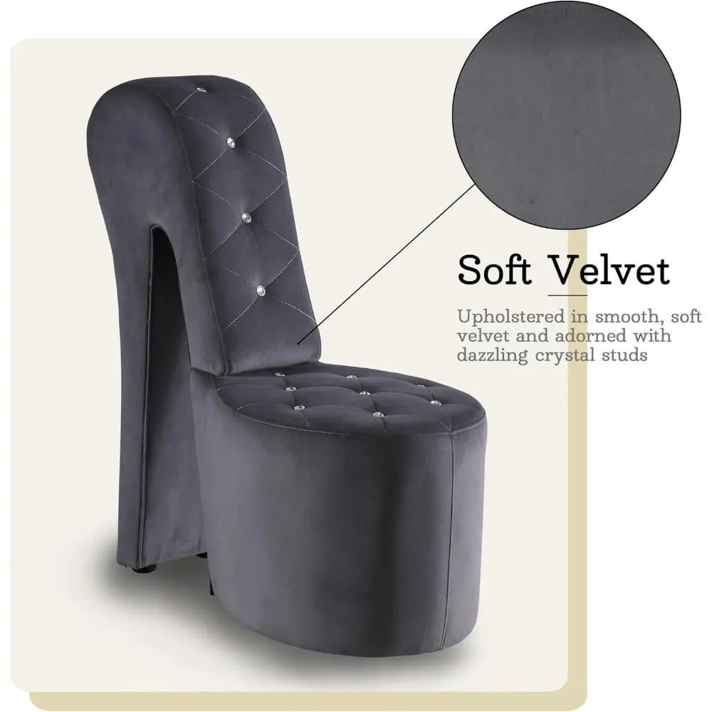 High Heel Velvet Shoe Chair with Crystal Studs Gray (40"D X 19"W X 40"H）