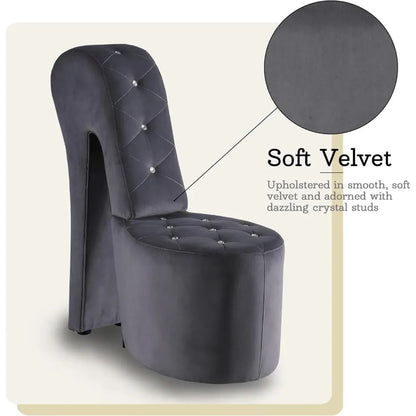 High Heel Velvet Shoe Chair with Crystal Studs Gray (40"D X 19"W X 40"H）
