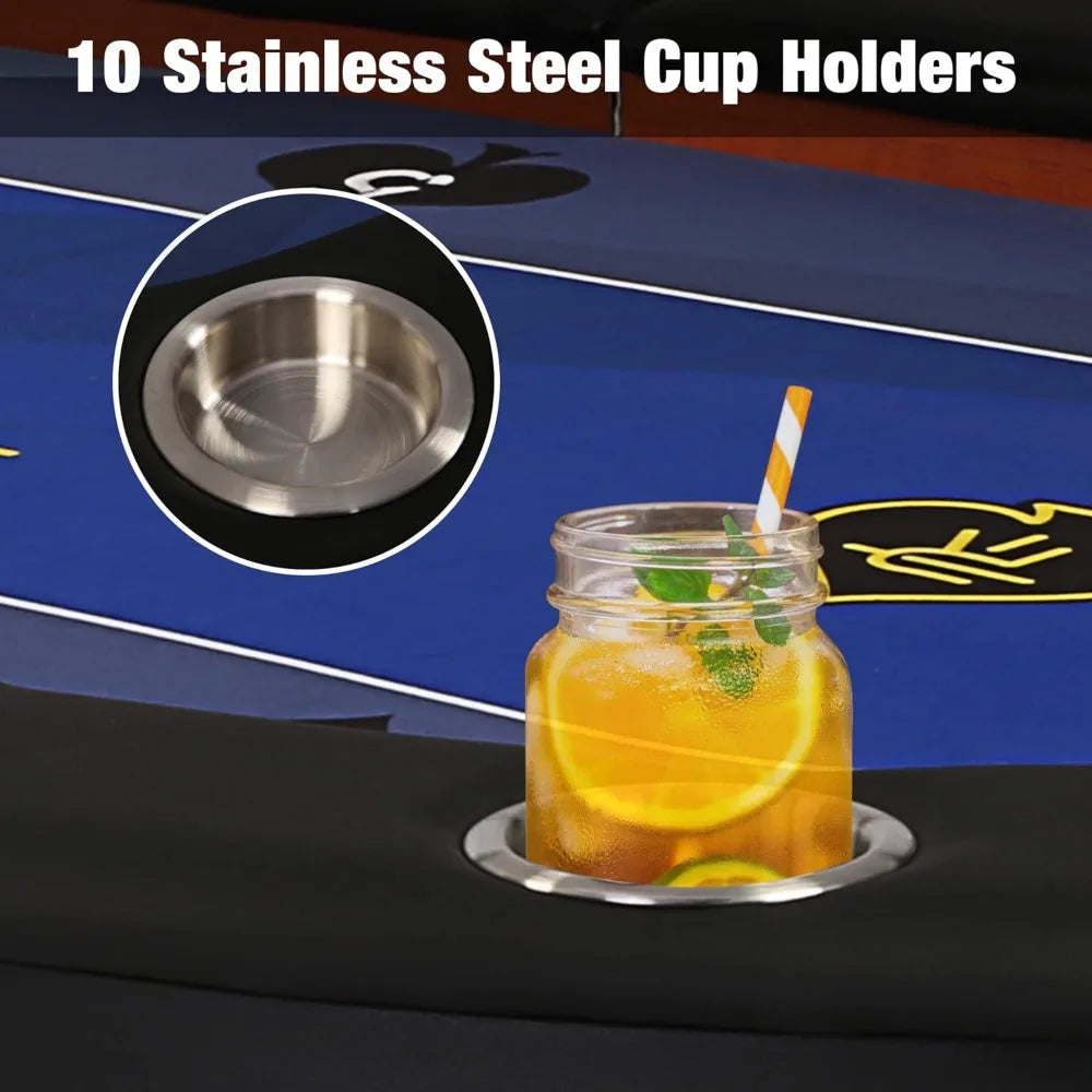 84”Texas Hold’em Foldable Poker Table for 10 Player with Stainless Steel Cup Holders and Padded Rails