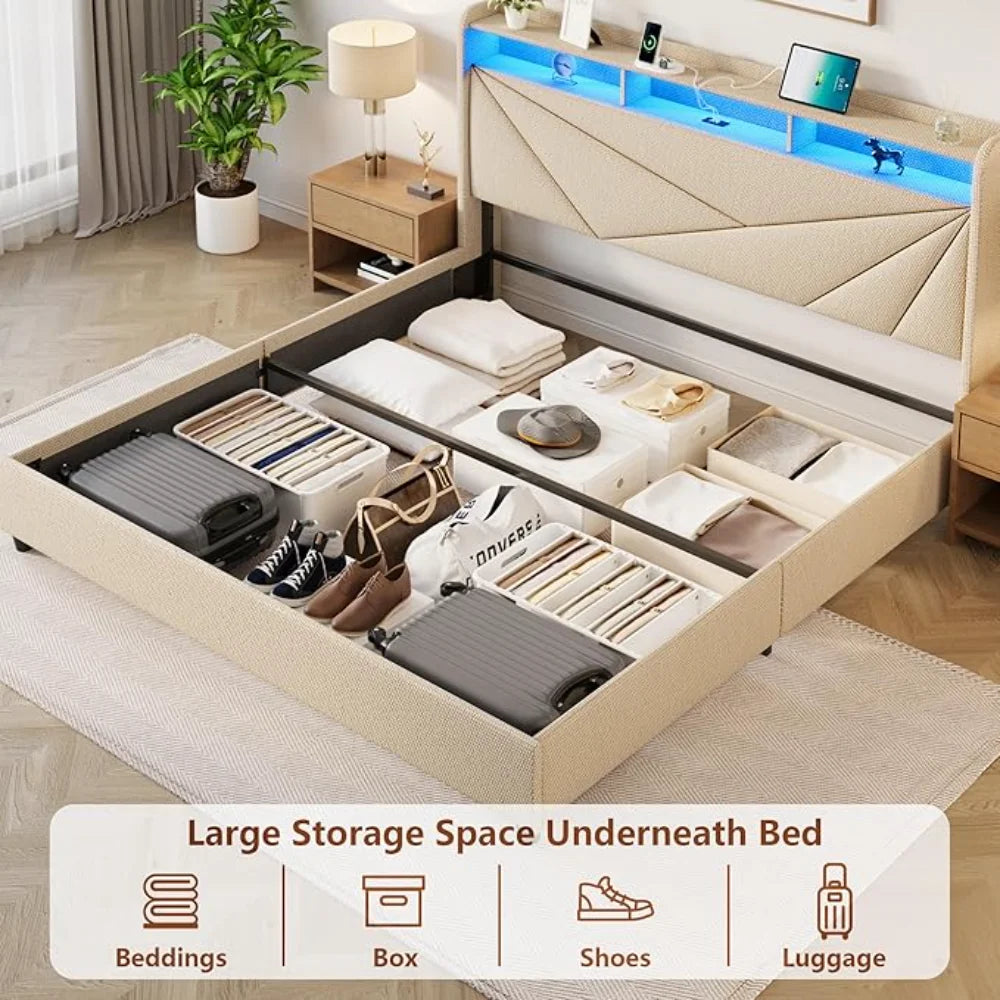 King Size Bed Frame with Storage, Lift Up Upholstered King Bed Frame with LED Lights Headboard and Charging Station, No Box Spring