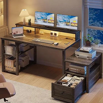 63" Farmhouse Style Computer Desk with Drawers and LED Lights, Storage Shelves and Power Outlets