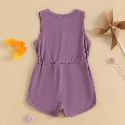 Little Girls Summer Casual Jumpsuit, Sleeveless, Crewneck, Solid Color Drawstring Tank Romper