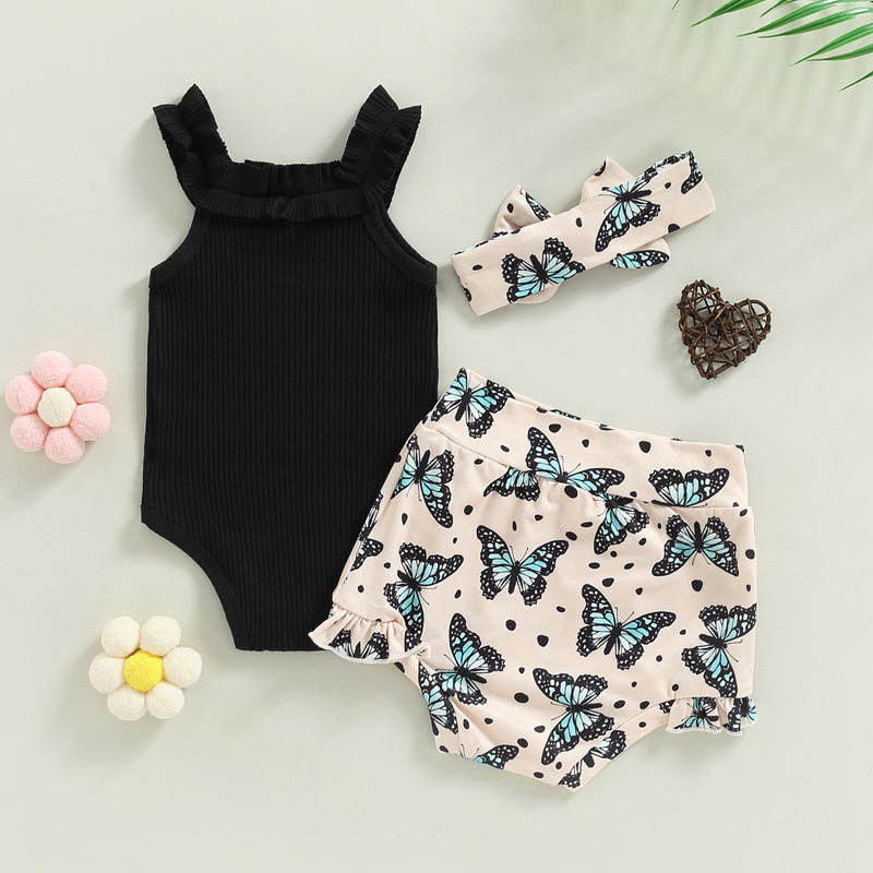 3-18M Baby Girls Shorts Set, Sleeveless Romper, Flower/Rainbow/Print Shorts, Hairband