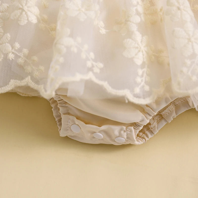 2Pcs  6-24M Baby Girl Summer Ruffle Sleeve Square Neck Lace Romper Dress with Headband Set
