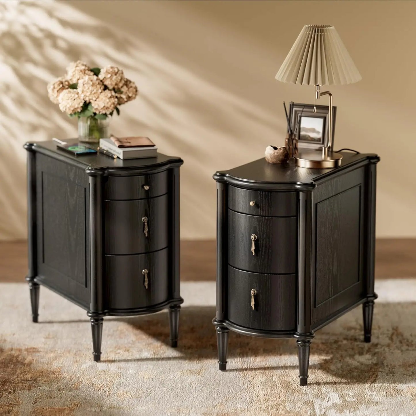 Set of 2 Nightstands w/Charging Station & 3 Drawers,Rustic Wood Finish, and Turned Legs