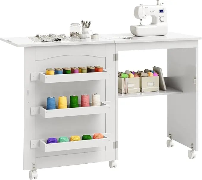 Folding Sewing Cabinet with 3 Storage Bins and Shelf, Rolling Craft Station