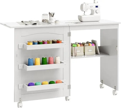 Folding Sewing Cabinet with 3 Storage Bins and Shelf, Rolling Craft Station