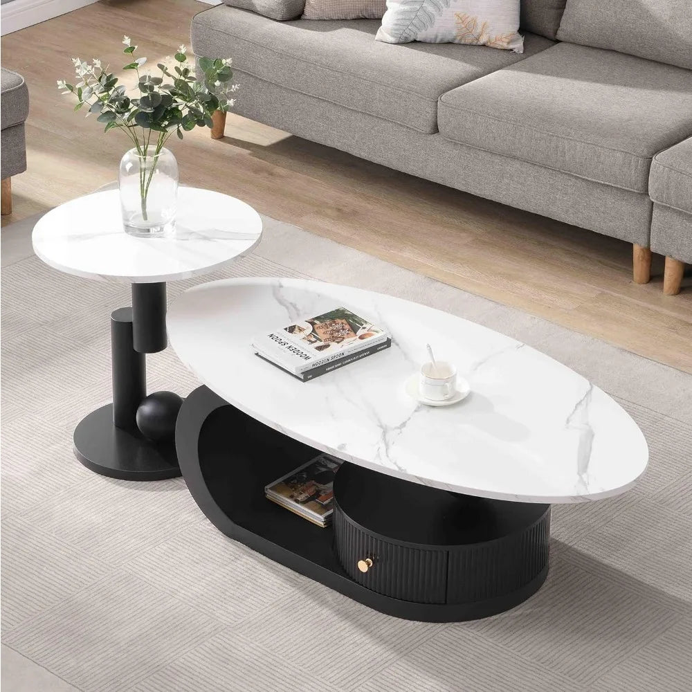 2-Piece Modern Oval Decorative Coffee Center Table with White Faux Marble Top