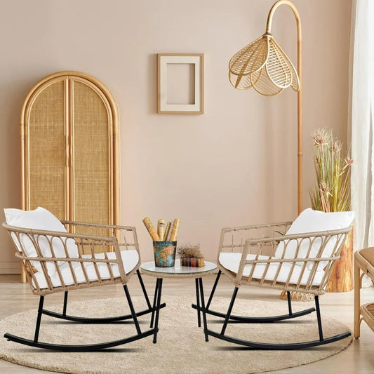 Indoor/Outdoor All Weather Woven Rope Table Set, Tan Wicker Rocker Set With White Cushions