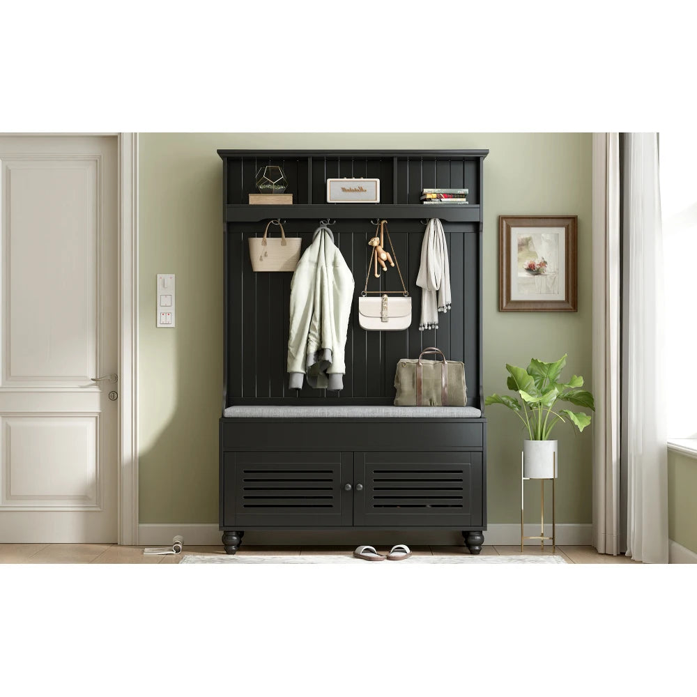 47.2'' Wide Hall Tree with Storage, 5-in-1 Entryway Bench with Shutter-shaped doors, Coat Rack, Cushion and 4 Sturdy Hooks