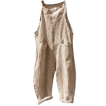 Casual Striped Overalls, Loose Fit, Suspenders, Wide Leg Pants With Pockets