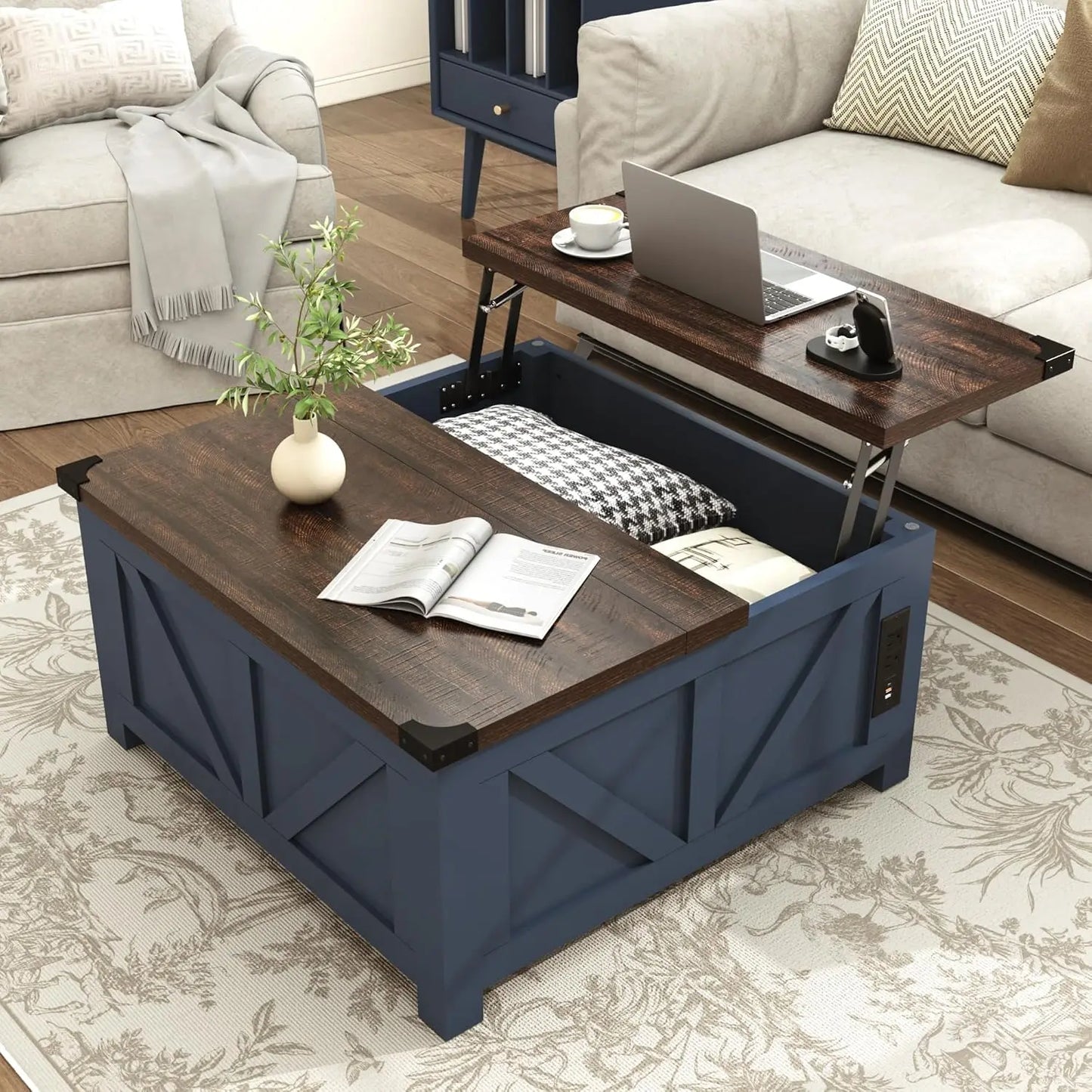 Farmhouse Lift-Top Coffee Table w/ Storage & USB Charging Station